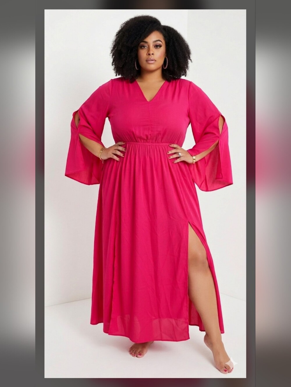 Ashley Stewart Hot Pink V-Neck Chiffon Maxi Dress Arms Cutout Slit 14 16 XL NWT